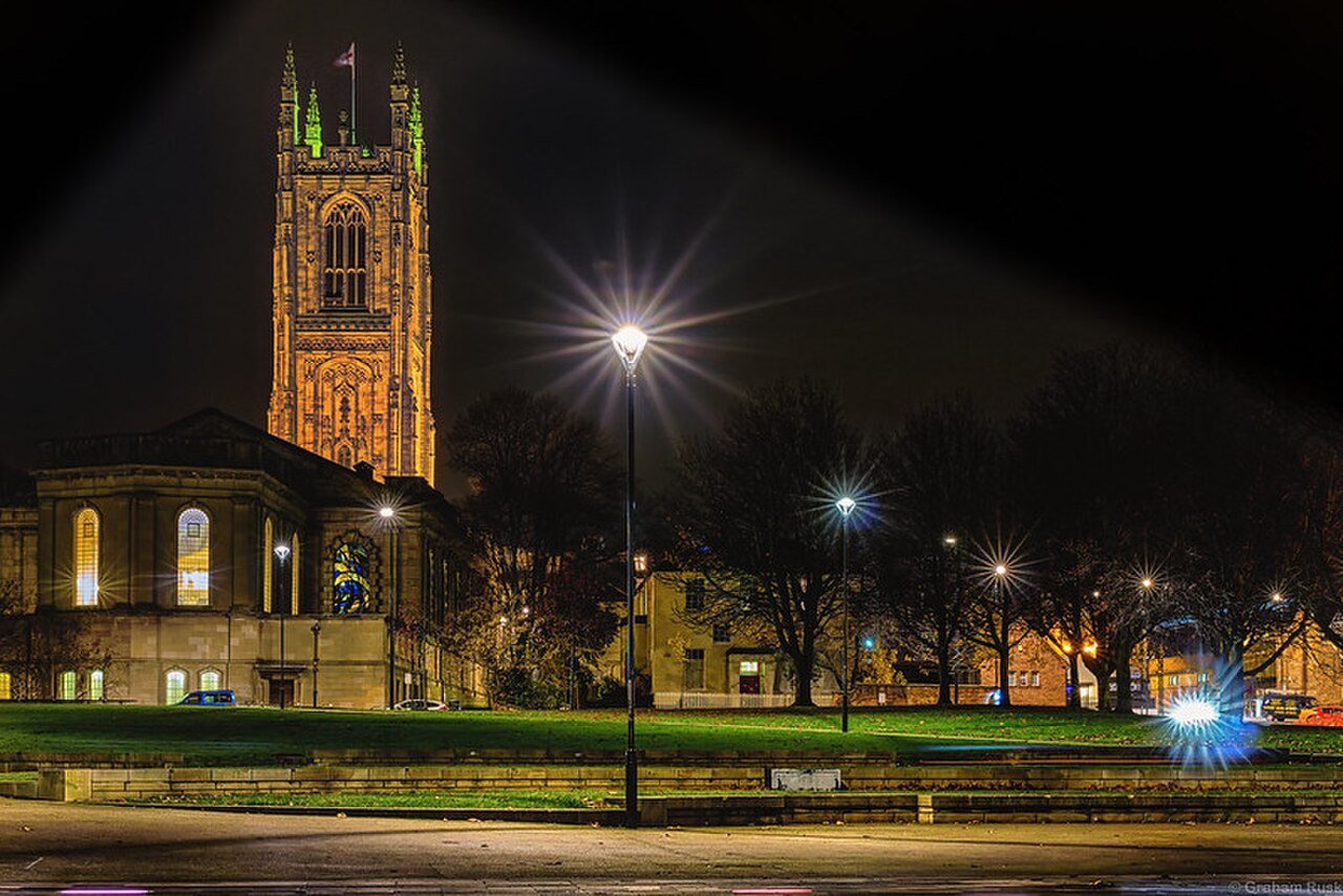 Derby Cathedral lit up at night